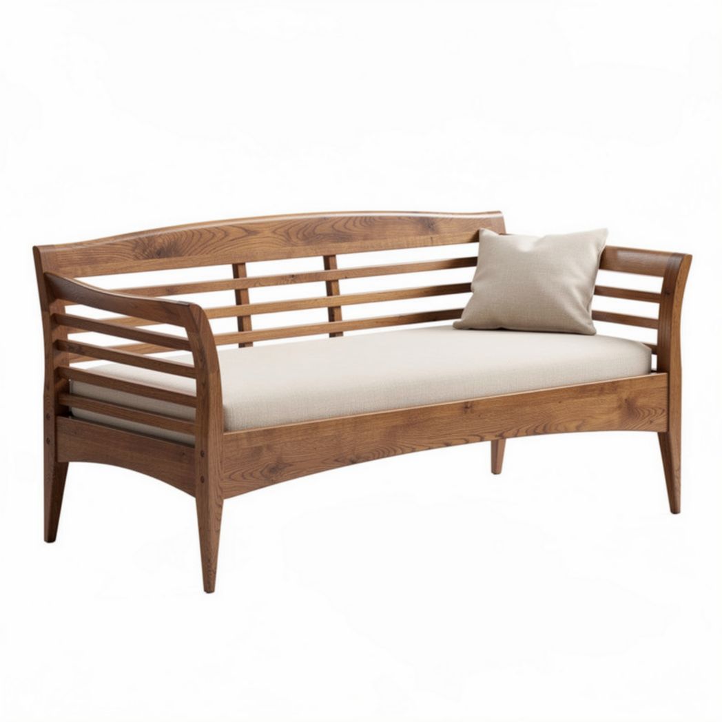 Wooden slatted bench with beige cushion and throw pillow 180 x 75 x 80cm