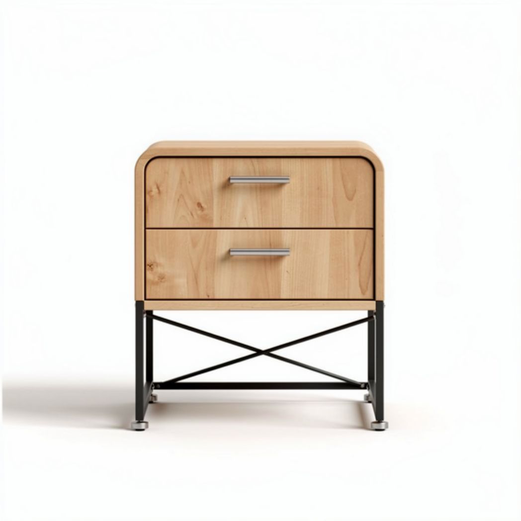 Wooden nightstand with two drawers and metal frame in natural finish 50 x 40 x 60cm