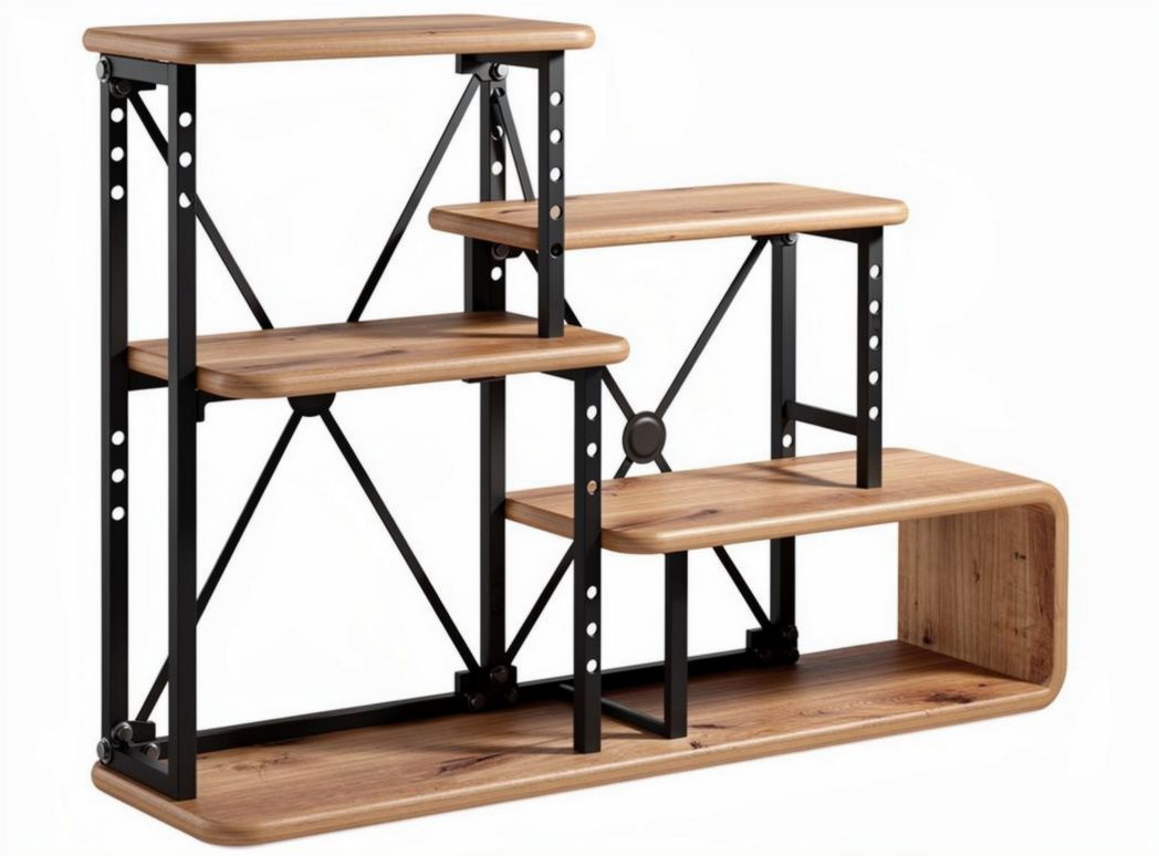 Wooden and metal multi-tiered storage shelf unit for home or office 80 x 30 x 60cm