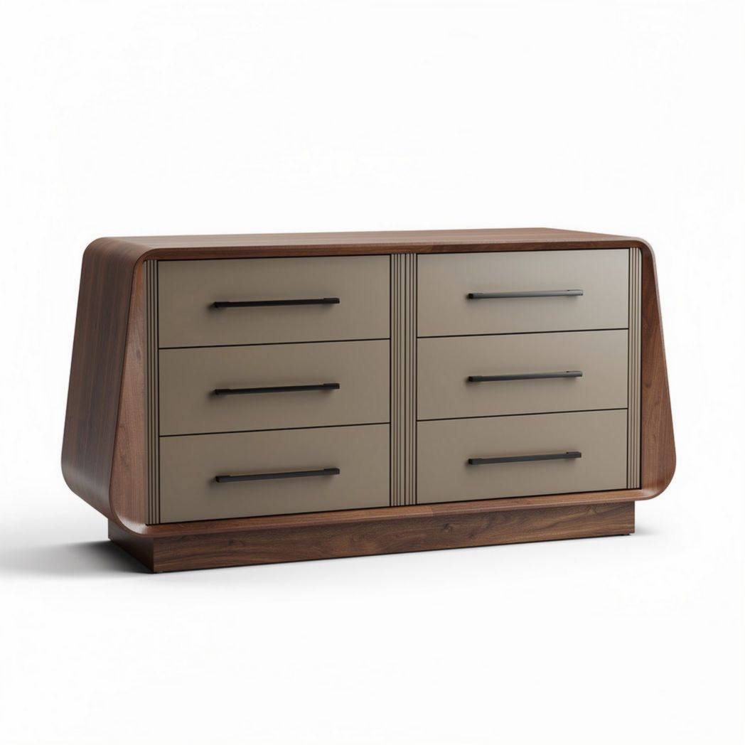 Mid-century modern dresser in walnut and beige finish with six drawers 150 x 40 x 75cm