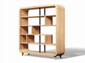 Wooden open shelf unit with multiple compartments for living room storage