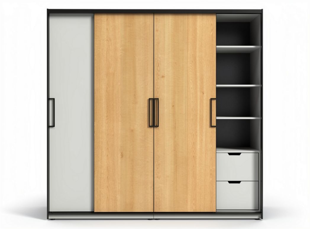 Sliding door wardrobe with multiple compartments in wood and grey finishes 200 x 120 x 60cm