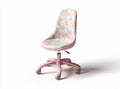 Pink ergonomic office chair with geometric pattern upholstery and adjustable height