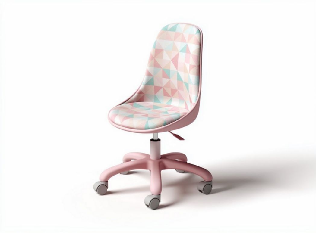 Pink ergonomic office chair with geometric pattern upholstery and adjustable height