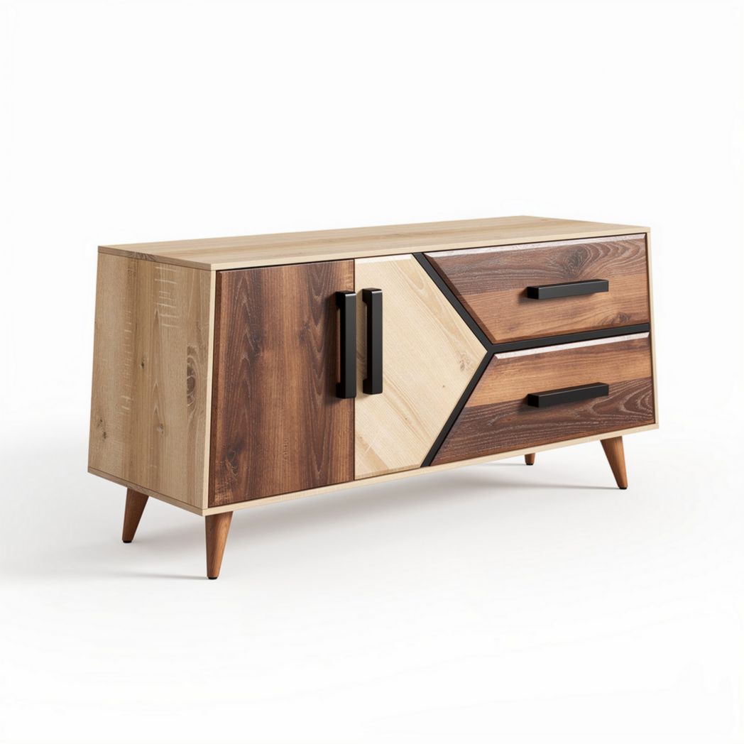 Modern wood storage cabinet with two drawers in natural and dark finishes 120 x 50 x 40cm