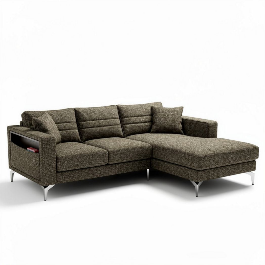 Sectional sofa with storage side pocket in dark gray fabric 230 x 150 x 85cm