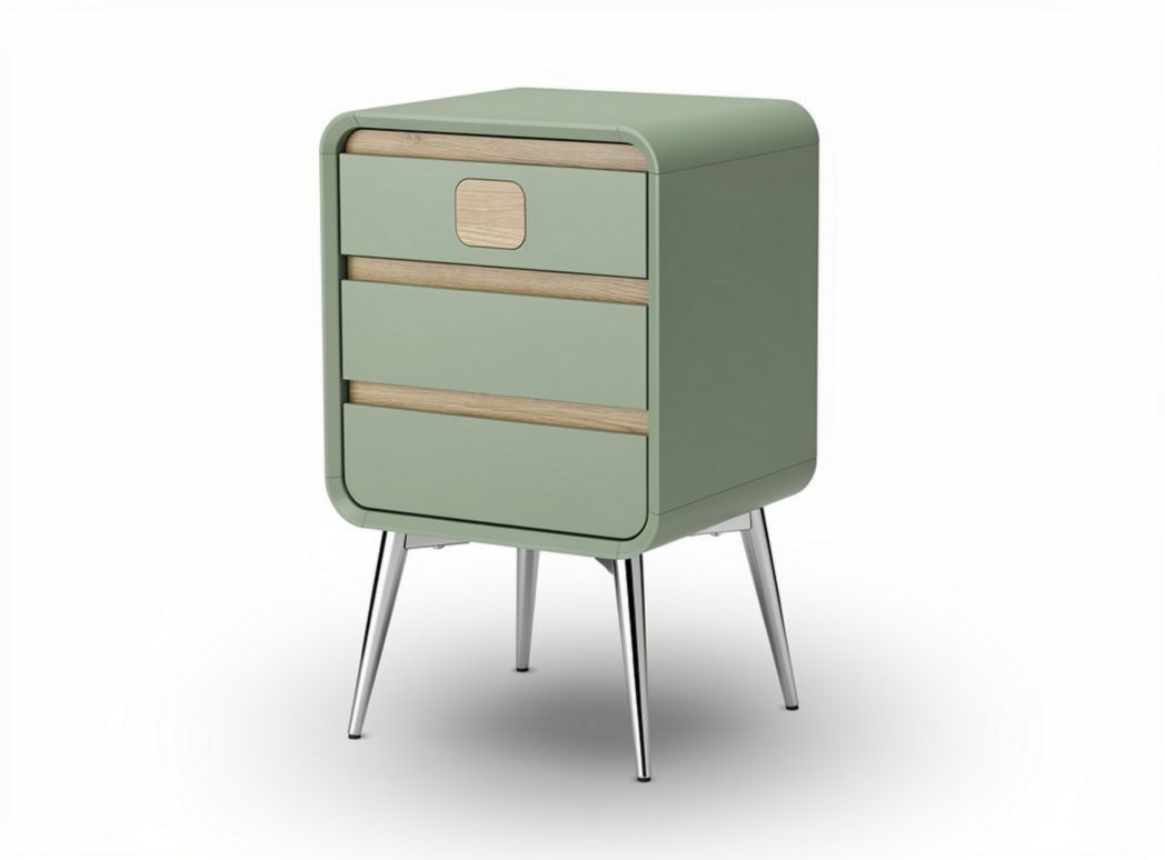 Wood and metal nightstand with three drawers in green finish 40 x 40 x 50cm