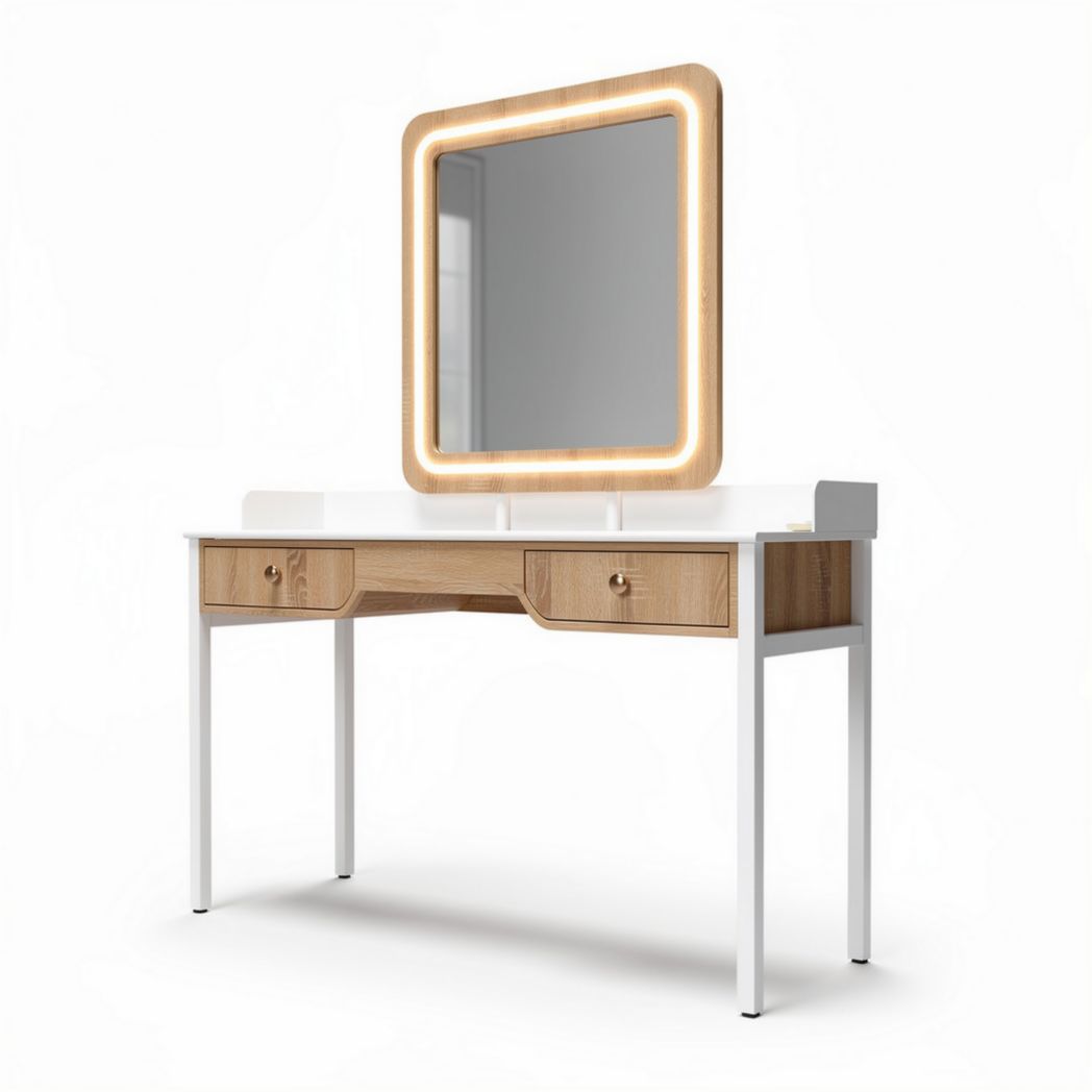 Modern vanity table with illuminating mirror and two drawers in wood and white finish